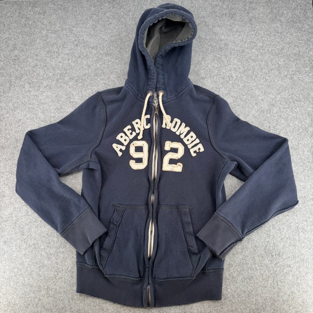 Y2K Abercrombie & Fitch Hoodie Mens XL Muscle Fit Navy Blue Applique Logo Zip